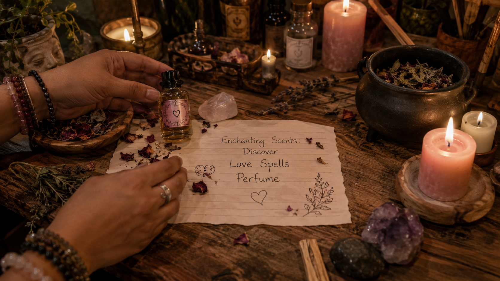 Bottle of love spells perfume with a romantic, enchanting scent theme and elegant packaging on a soft, dreamy background