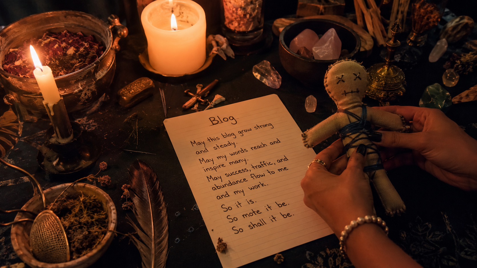 Magic spell casting with a voodoo doll, candles, and mystical smoke in a dark ritual setting