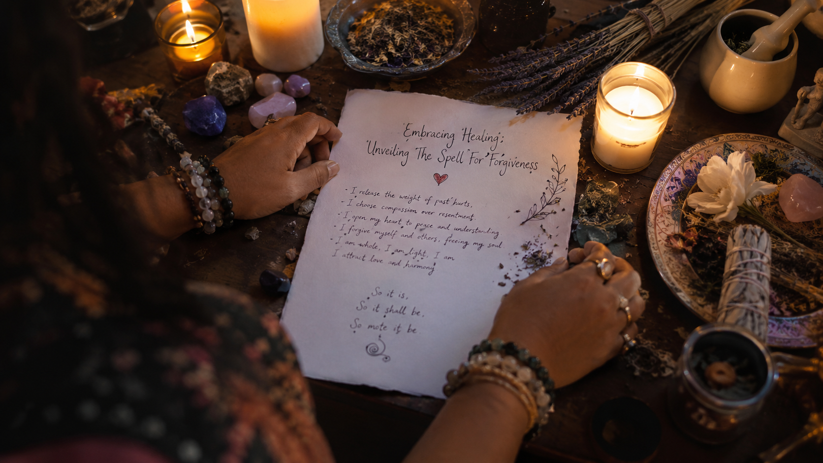 Woman meditating with candlelight and journal, symbolizing healing, forgiveness, and emotional release for inner peace