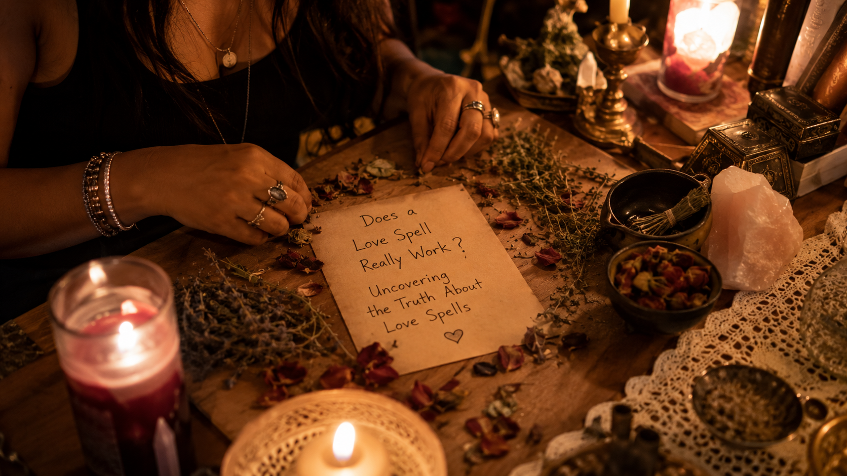Mystical candles and heart symbols illustrating whether a love spell really works and the truth about love spells