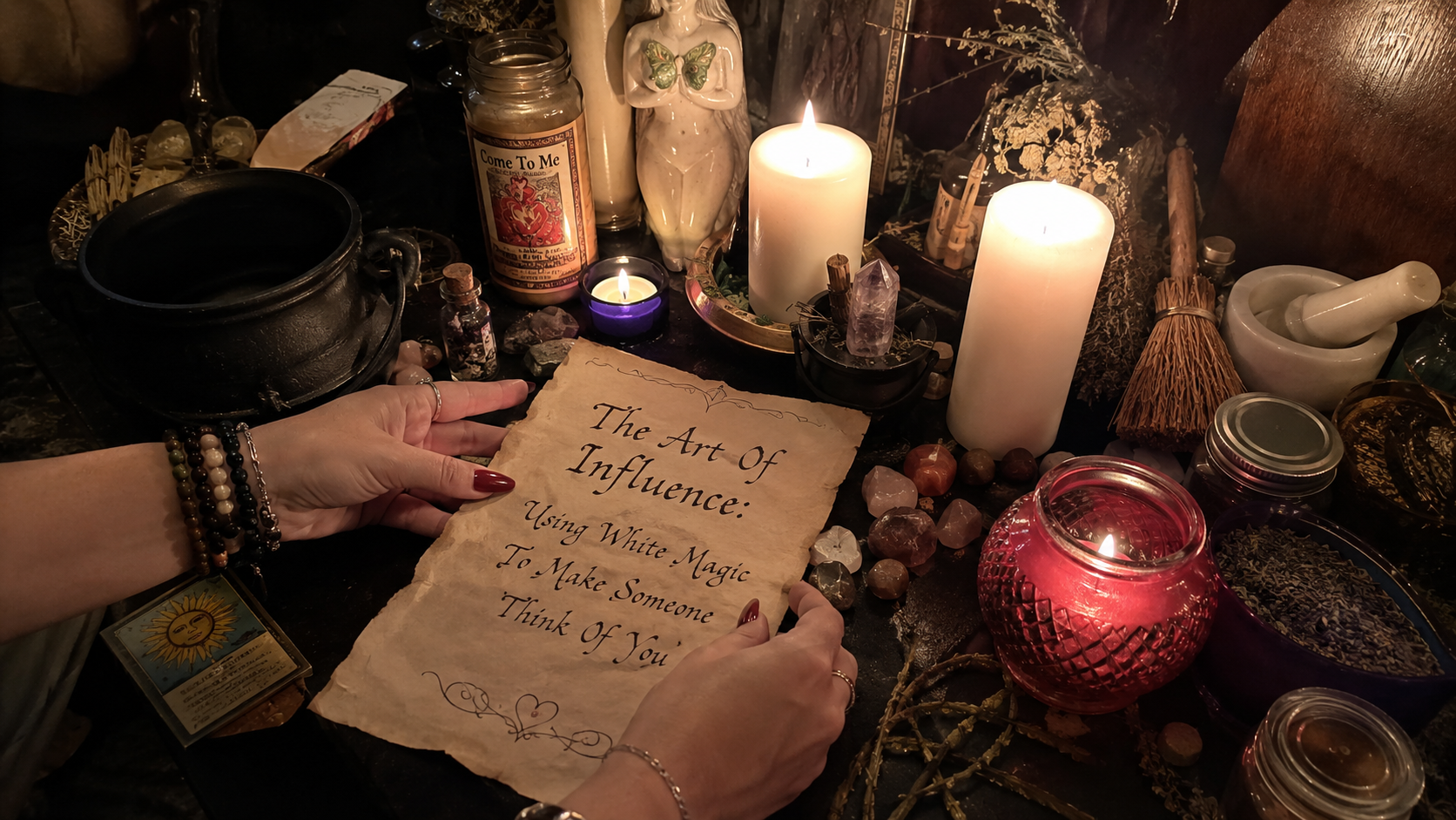 Person meditating with glowing candles and white magic symbols, suggesting gentle influence and a thought connection