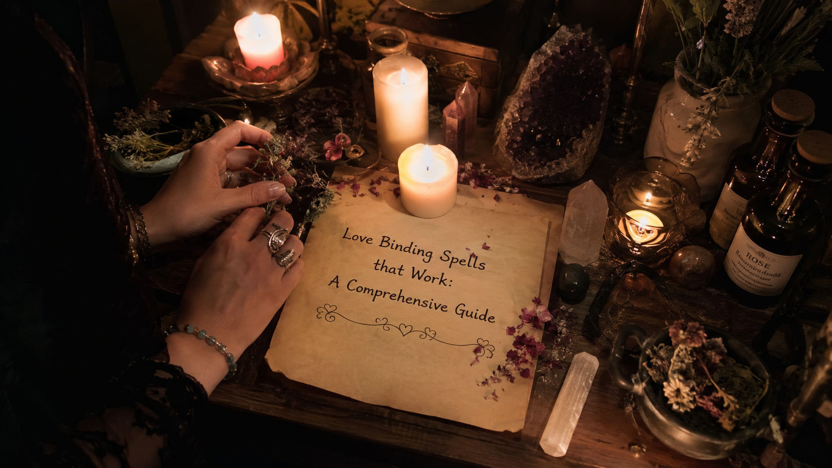 A candle-lit altar with herbs, crystals, and a spellbook for love binding spells that work in a mystical ritual setting