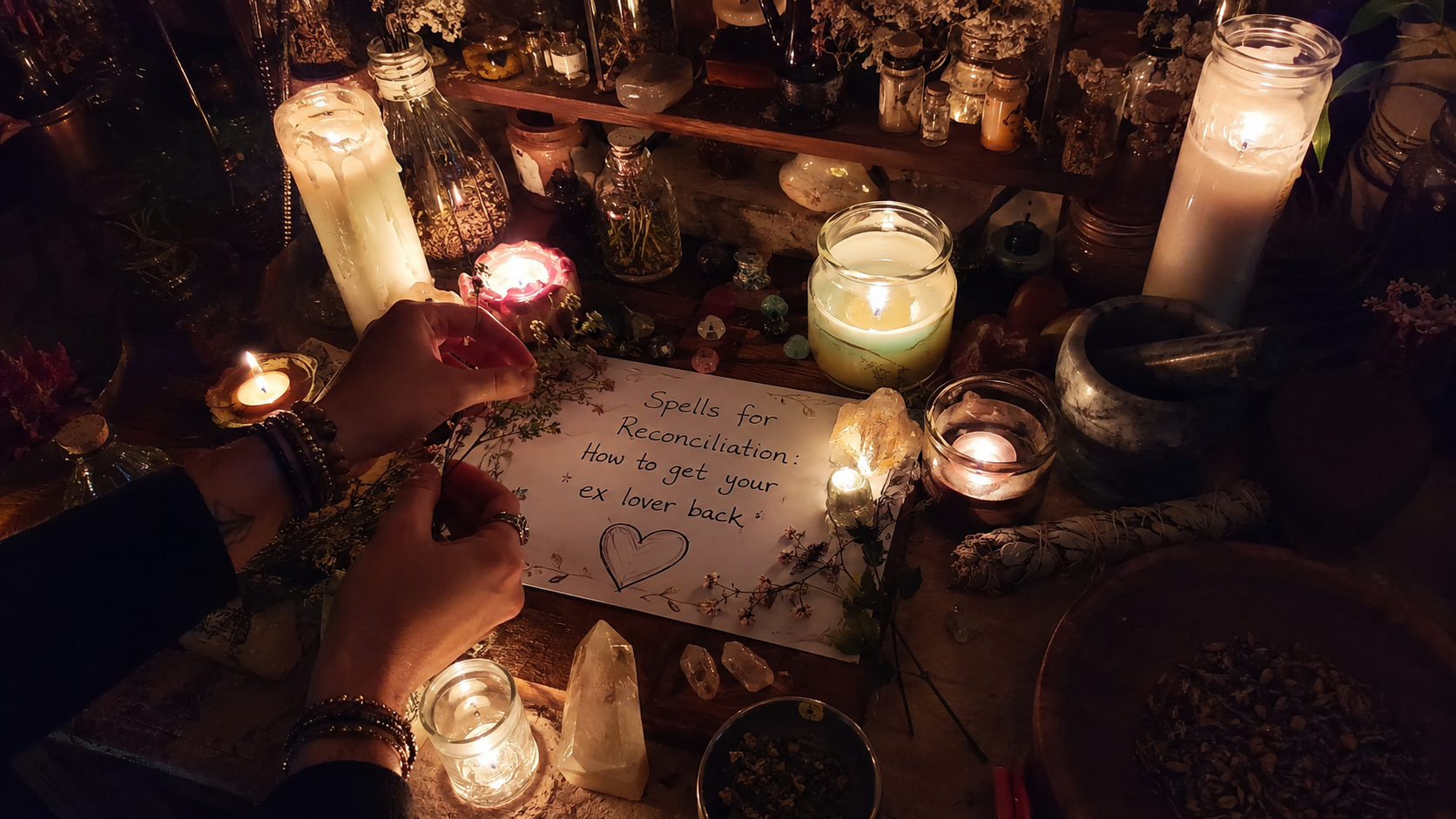 A romantic candlelit ritual setup for spells for reconciliation to help get your ex lover back and restore lost love
