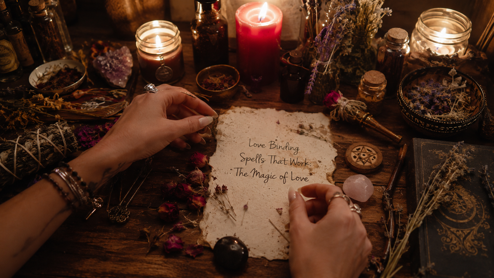 Love binding spells that work with glowing candles, mystical symbols, and romantic energy for attracting deep love