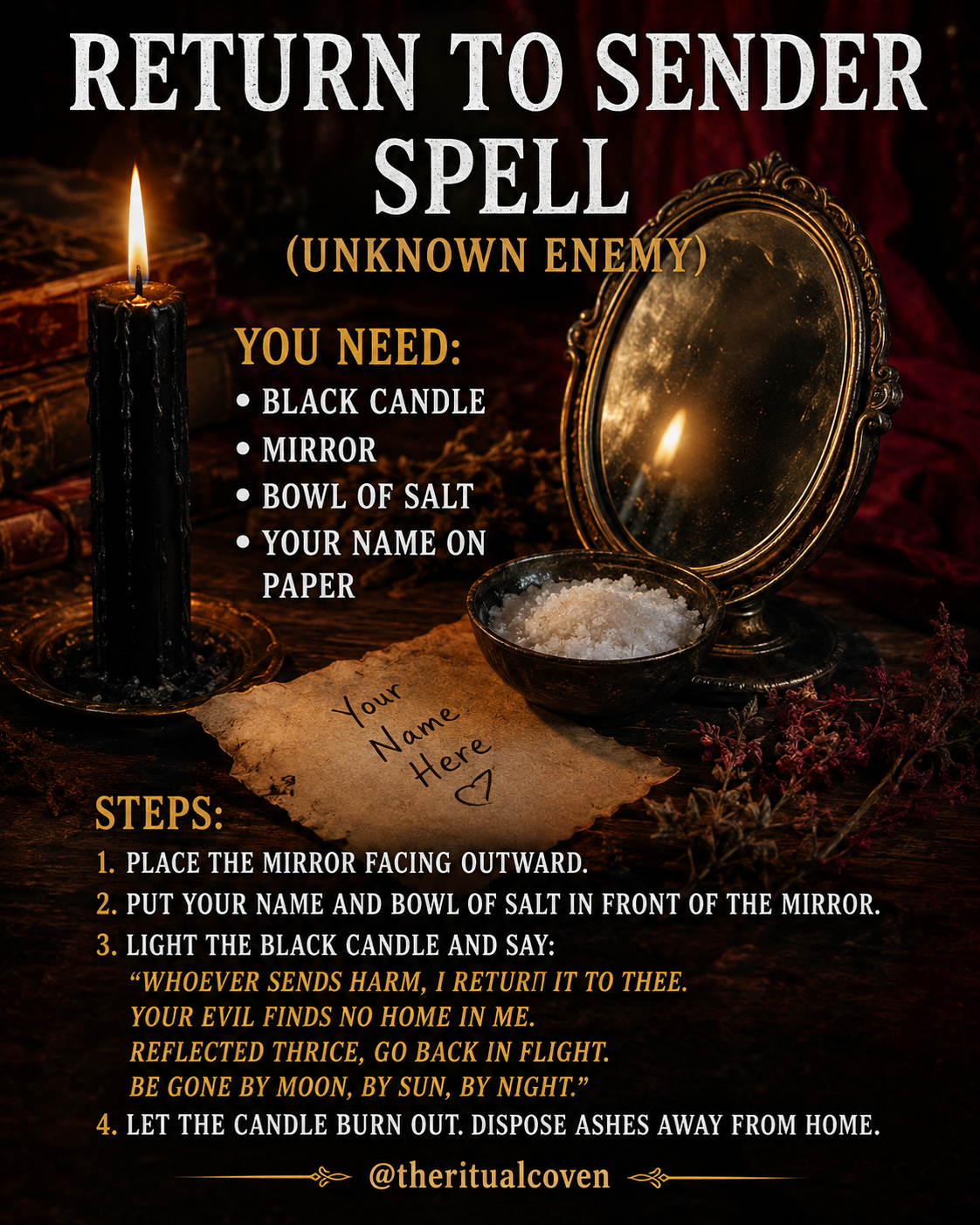 Return to sender spell altar with candle and protective ritual tools
