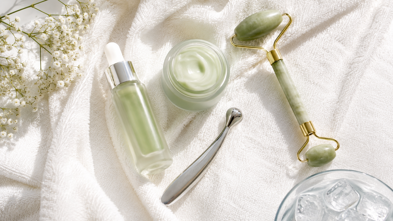 Flat lay of eye skincare routine products and wand
