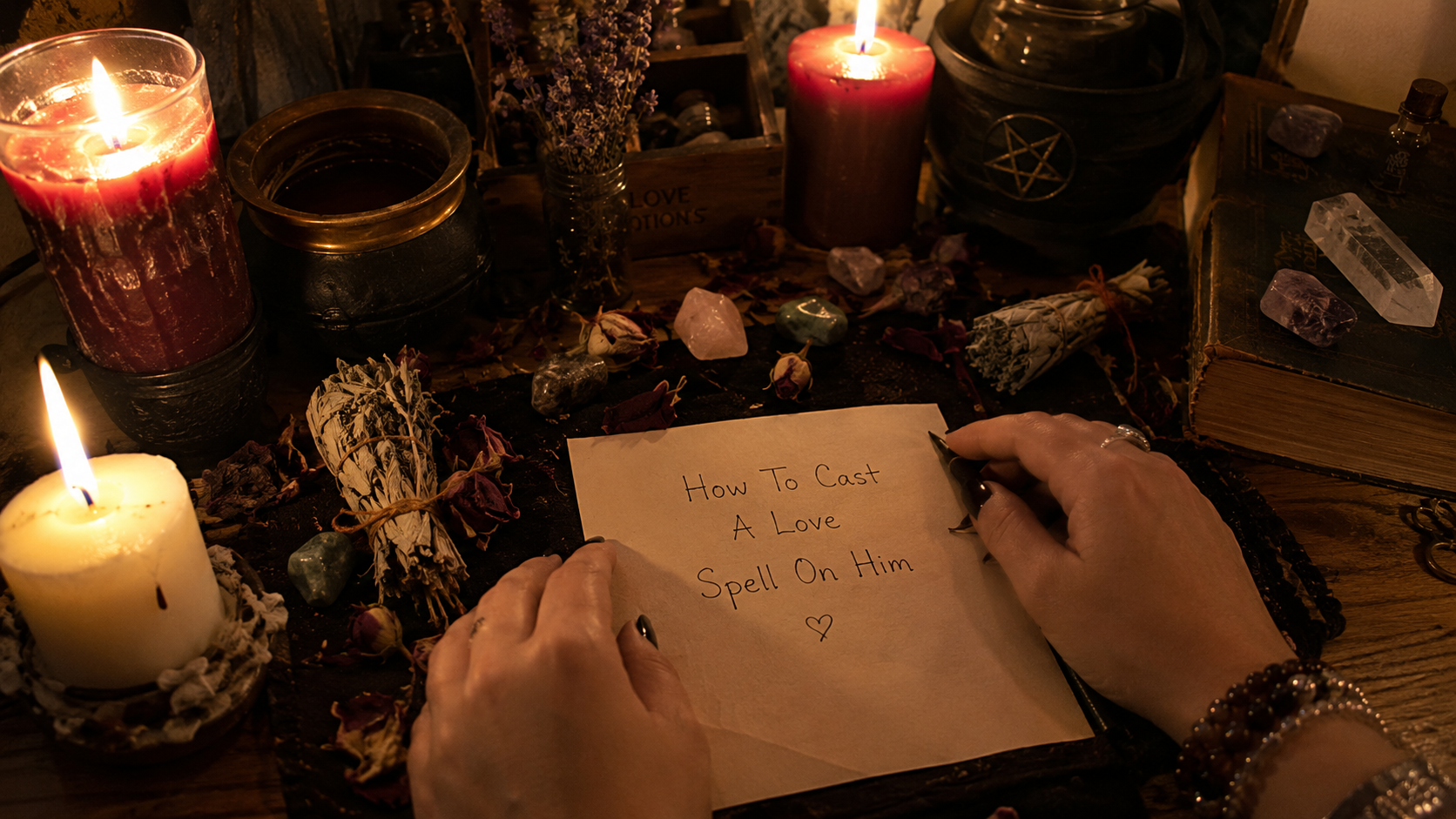 How to cast a love spell on him with candles, herbs, and crystals arranged for a romantic ritual and spiritual intention