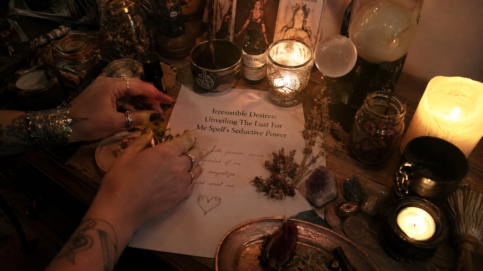 Mystical candles and red roses surrounding a spellbook symbolizing the lust for me spell’s seductive power