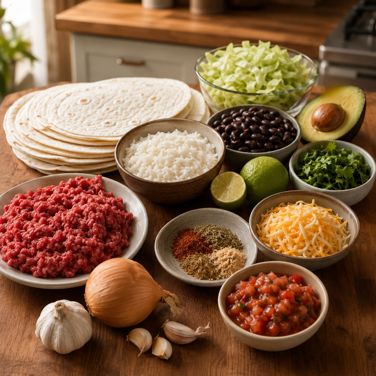 Fresh ingredients for making Mexican spicy burritos