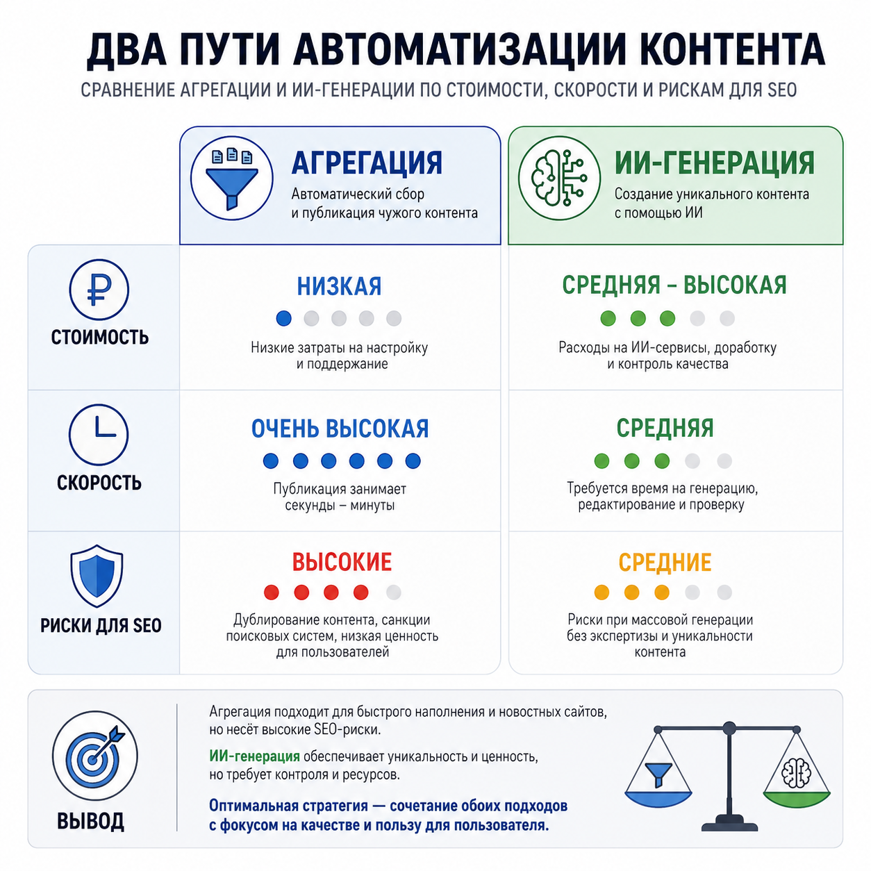 Два пути автоматизации контента — сравнение агрегации и ИИ-генерации по стоимости, скорости и рискам для SEO