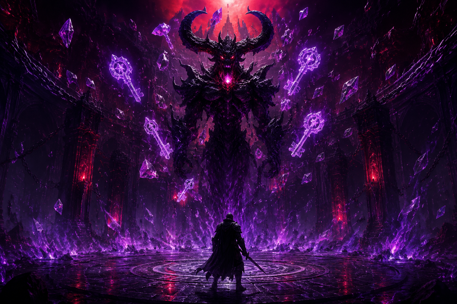 Boss de Repaire Pandemonium Threshold entouré de Clés Supérieures et Fragments de l'Apocalypse