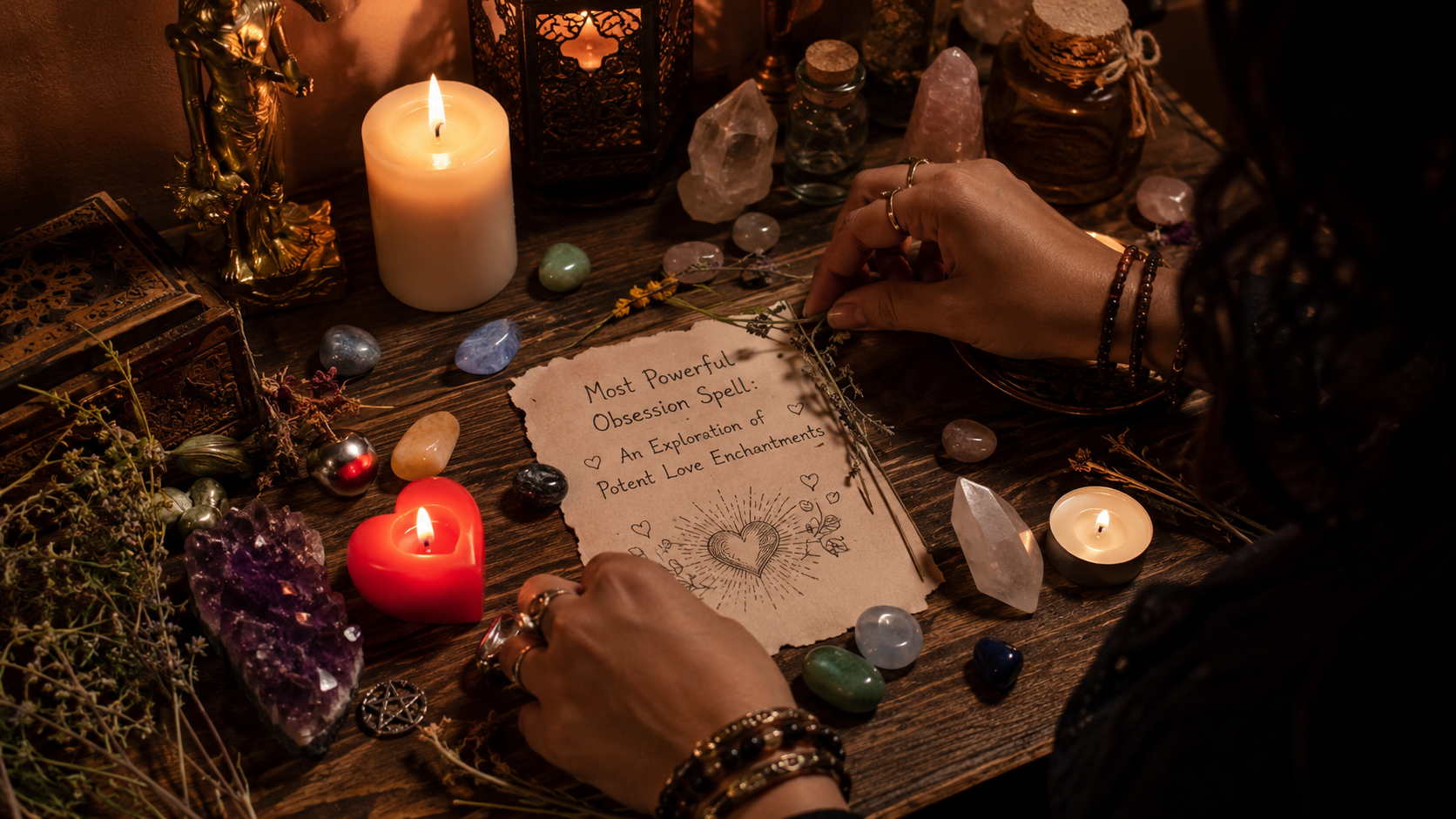 Mystical love spell candle with herbs and crystals, representing a powerful obsession spell and potent enchantment ritual