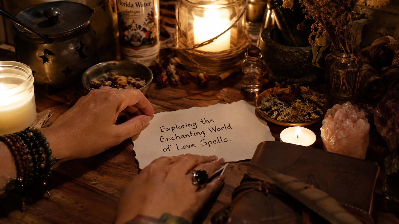 An illuminated love spell ritual with candles, herbs, and crystals, exploring the enchanting world of love spells