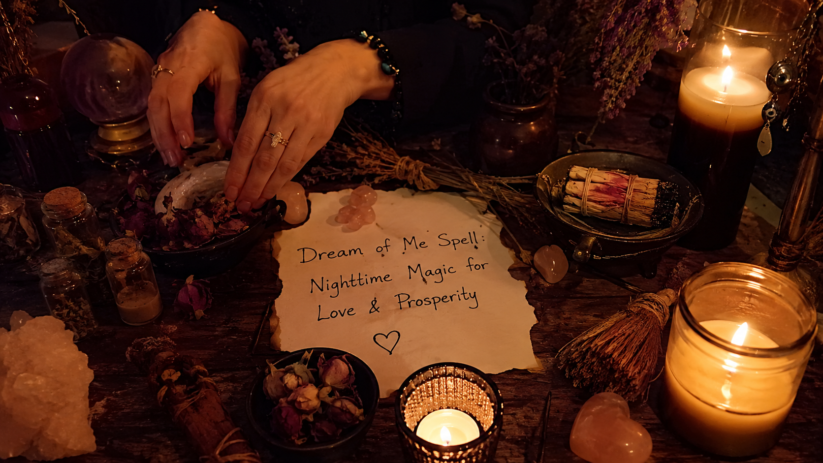 Glowing candles and moonlit altar for a Dream of Me spell to attract love, harmony, and prosperity at night
