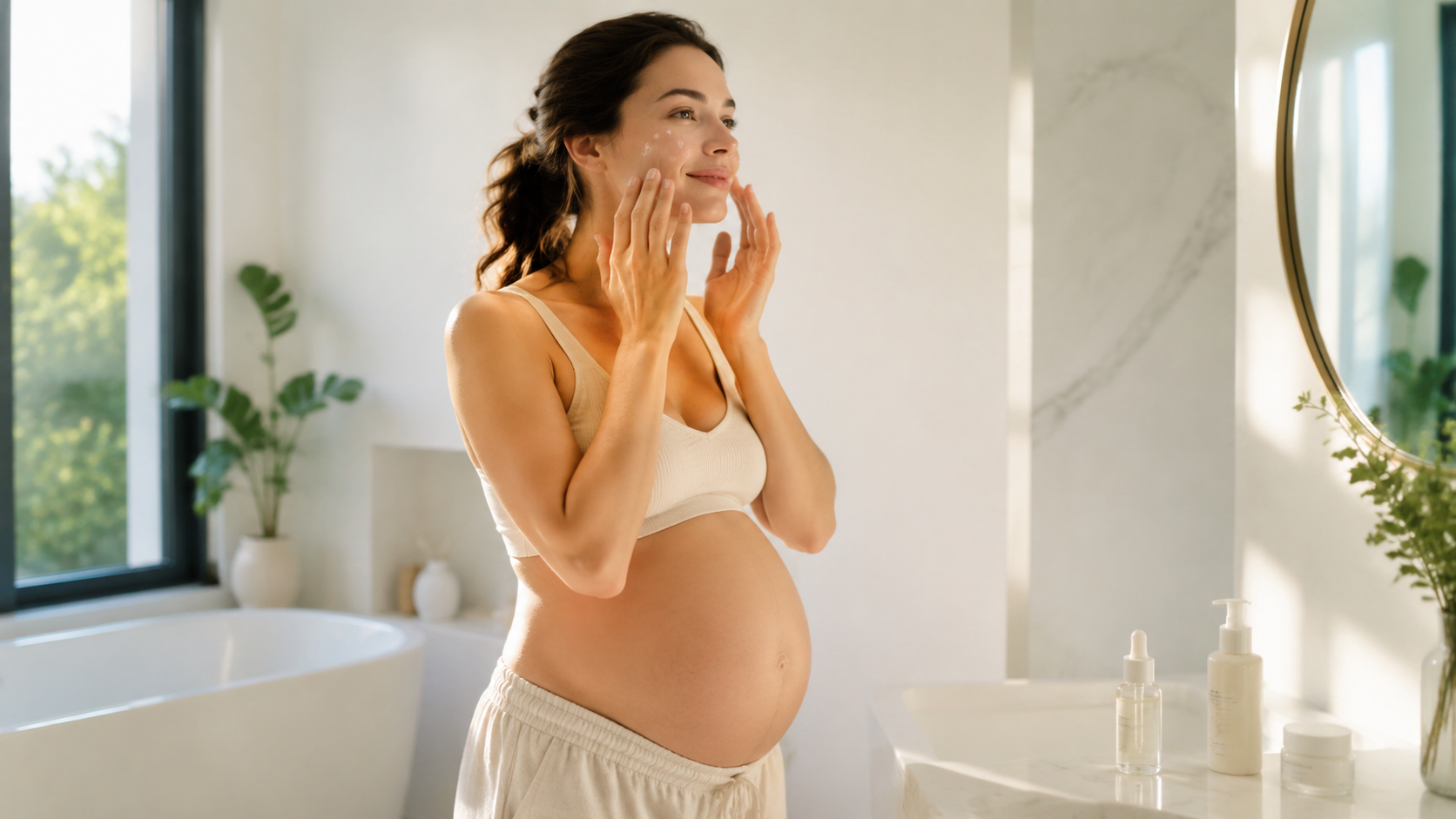 Pregnant woman applying gentle face serum in morning routine