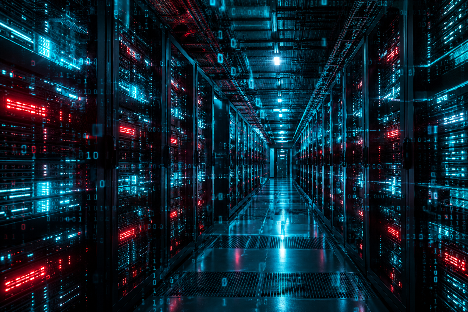 Data center avec des rangées de serveurs aux lumières rouges et cyan, symbole de l'hébergement contesté