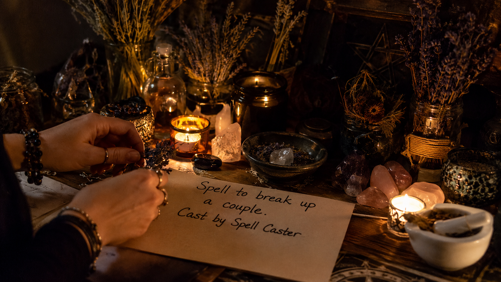 Spell Caster performing a spell to break up a couple, with glowing ritual candles and mystical energy in a dark setting
