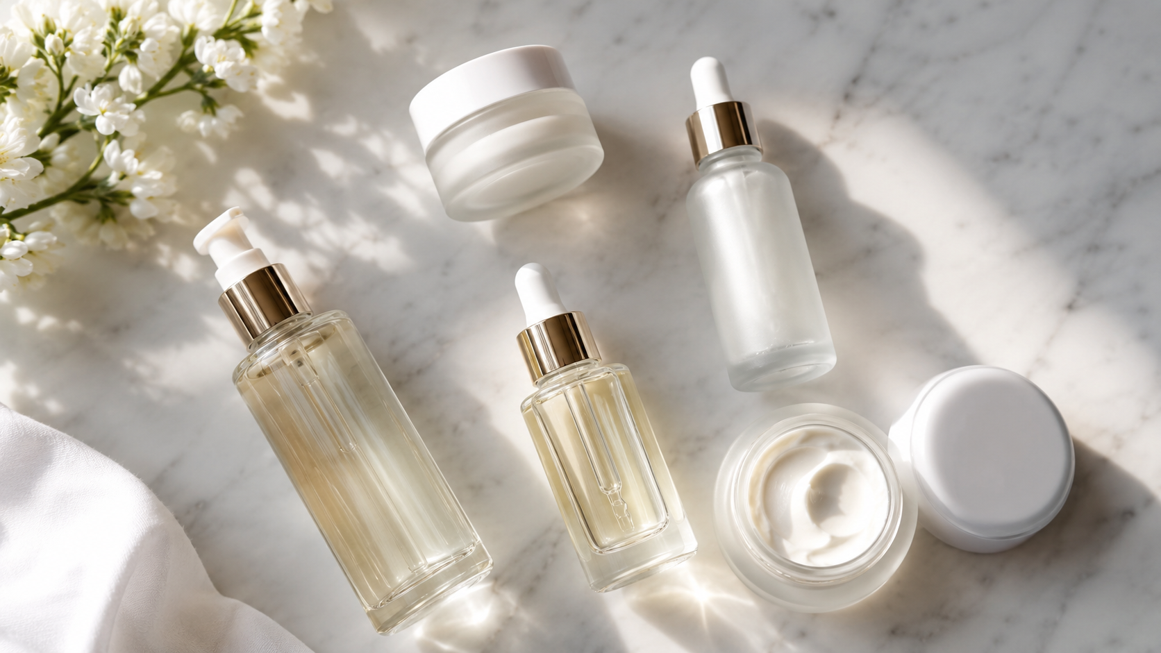 Flat lay of gentle rosacea skincare ingredients including niacinamide, ceramides, cica