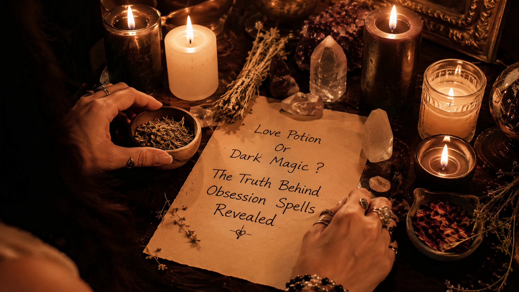 Mystical spellbook, candles, and a glowing potion symbolizing obsession spells, love magic, and dark ritual secrets