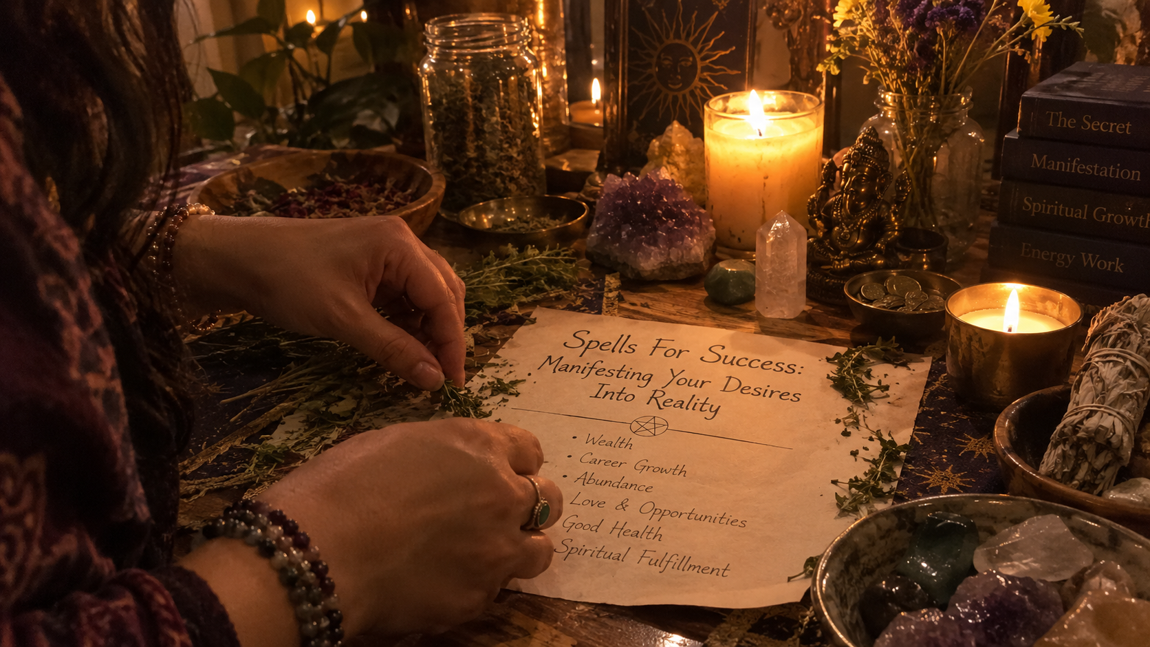 A glowing spellbook with candles and crystals, symbolizing spells for success and manifesting your desires into reality