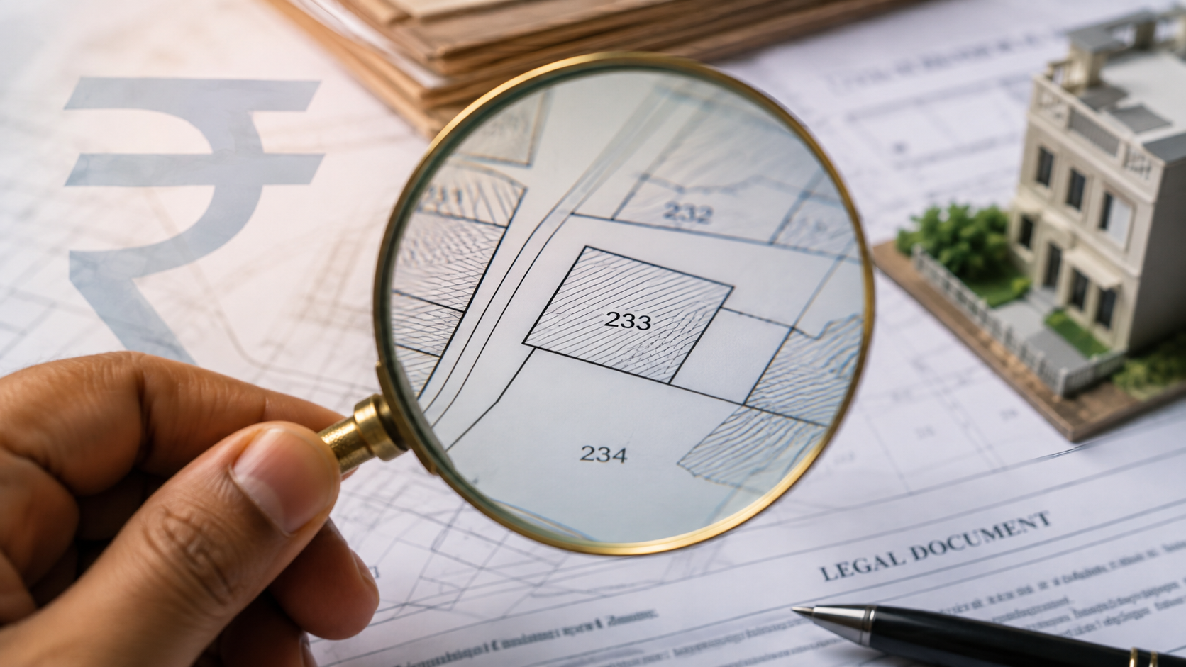 A close-up of a hand holding a magnifying glass over a blueprint or legal document related to property, with an Indian rupee symbol subtly in the background