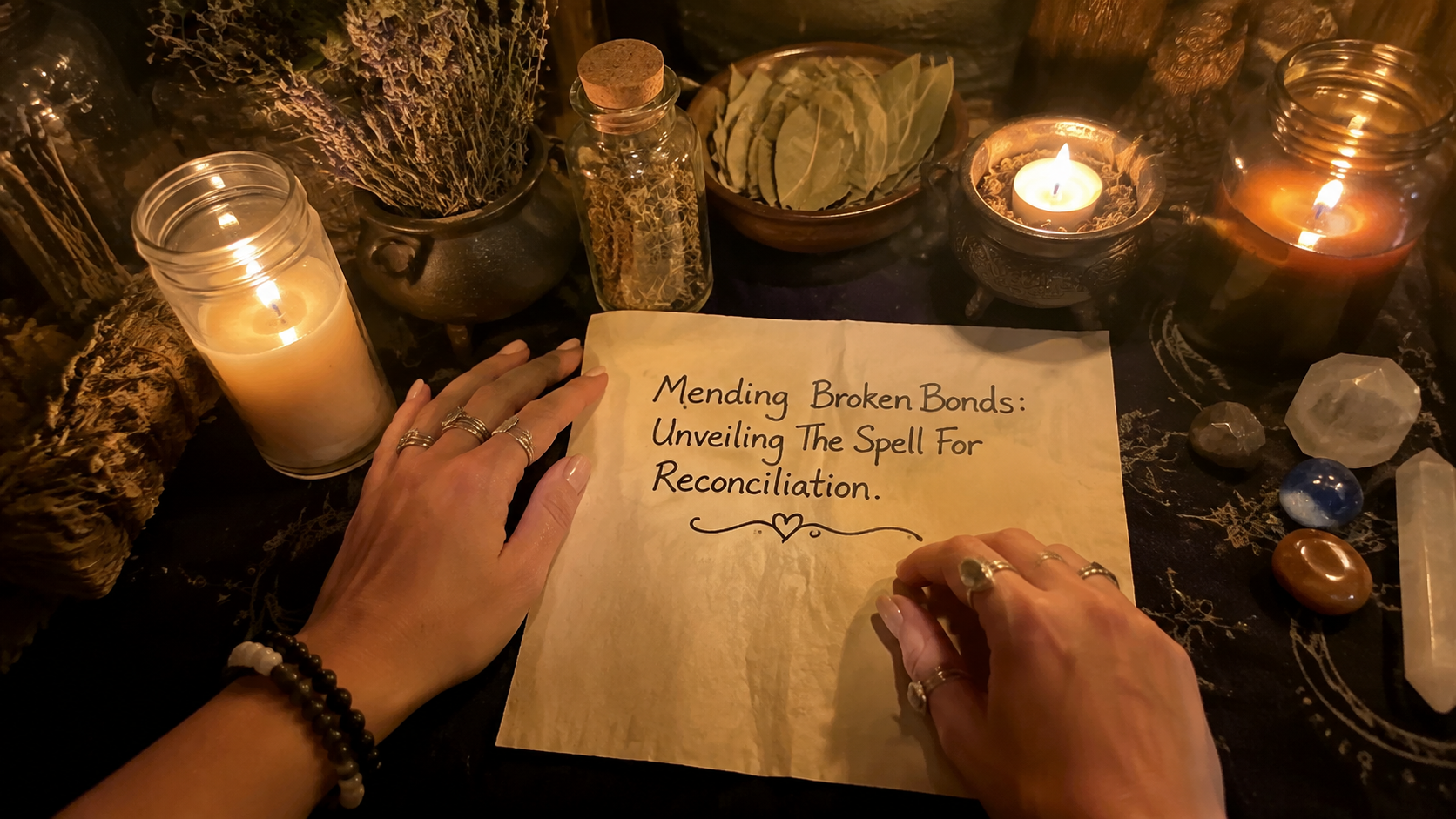 A candlelit reconciliation ritual with two hands reaching toward each other, symbolizing healing broken bonds and renewed trust