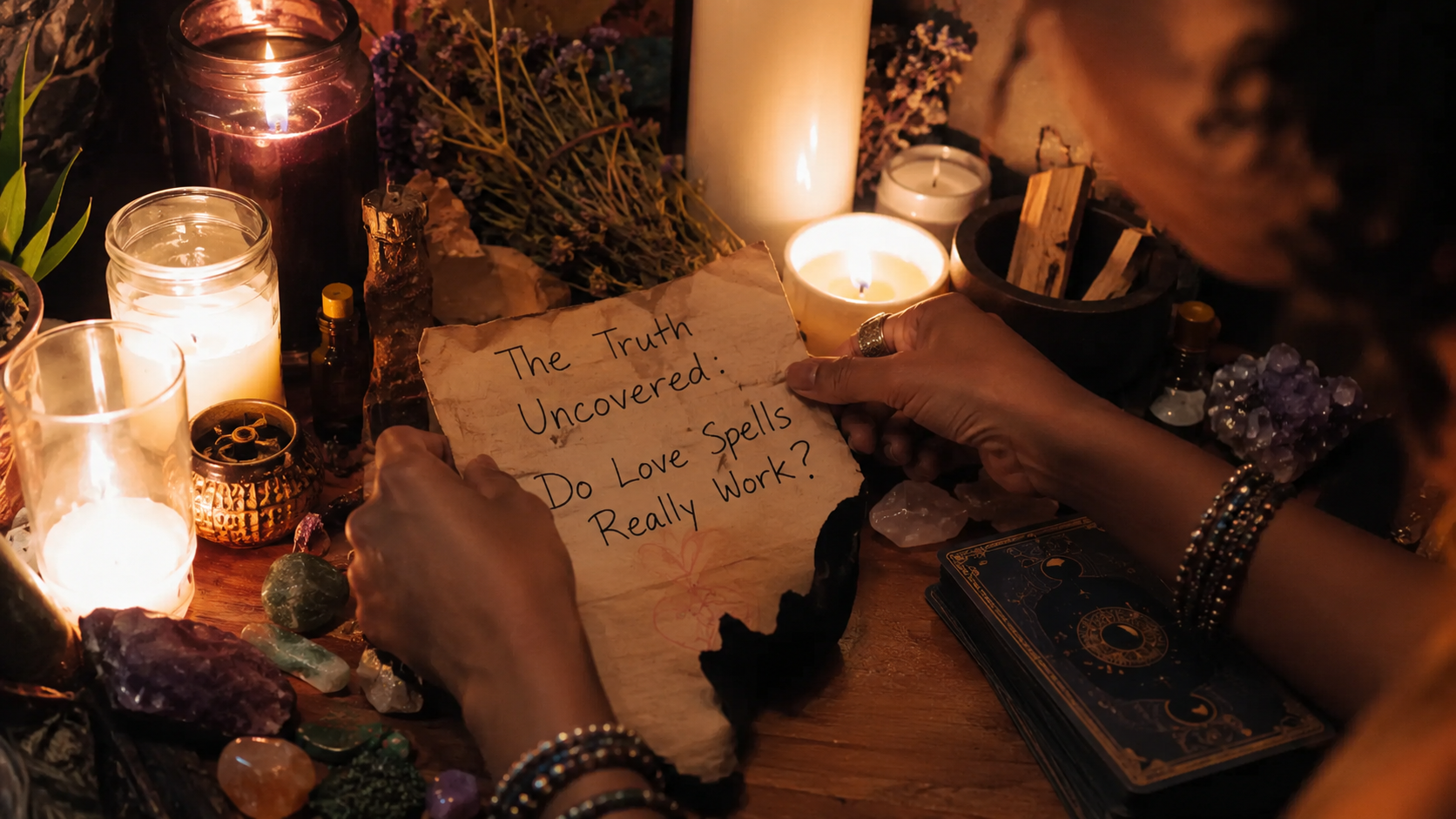 A mysterious candlelit scene with tarot cards and roses, reflecting the truth about whether love spells really work.