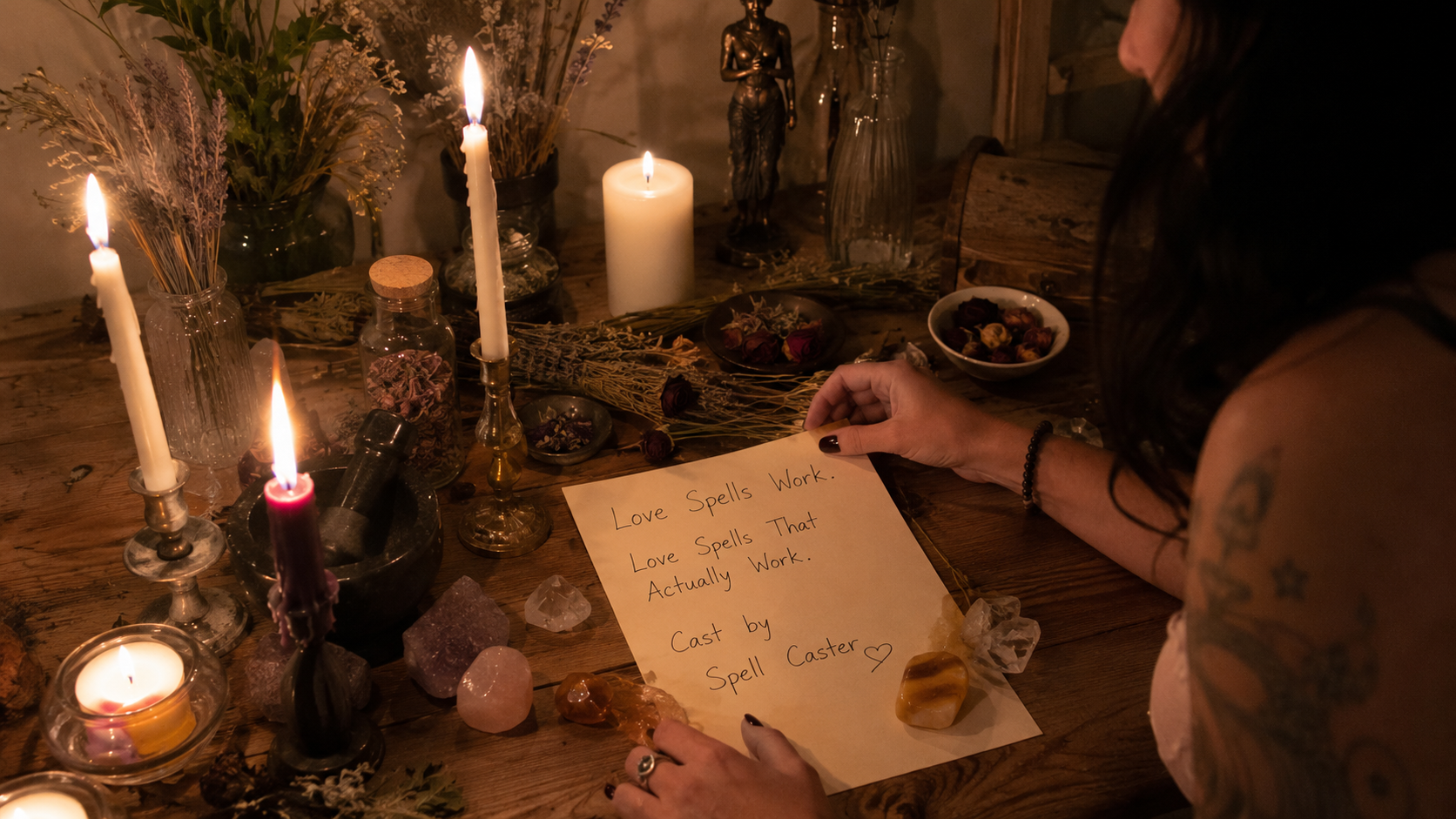 Spell caster performing love spells that actually work, with mystical candles and ritual tools for attracting true love.