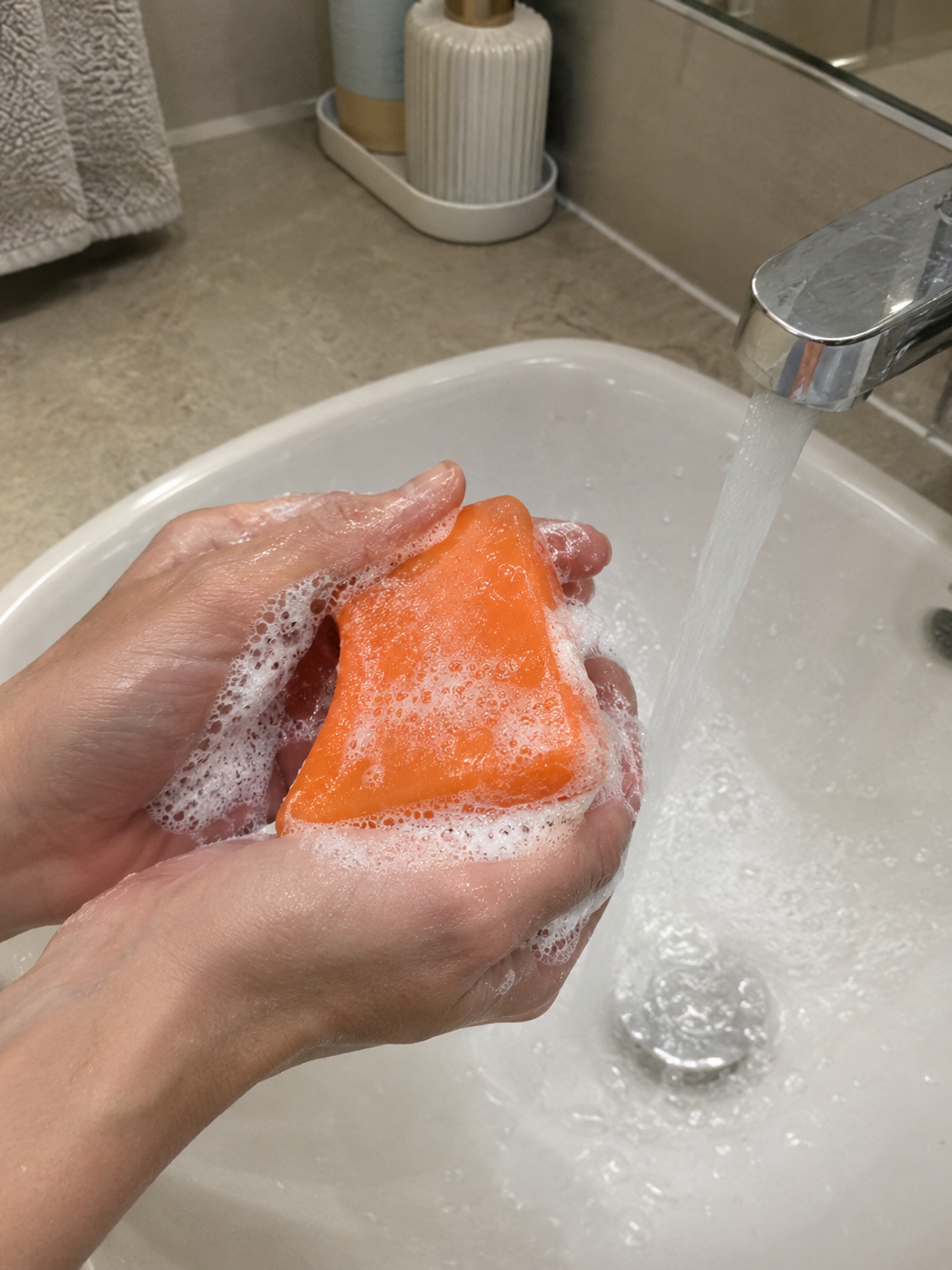 Hands lathering VitaliQ persimmon soap at sink