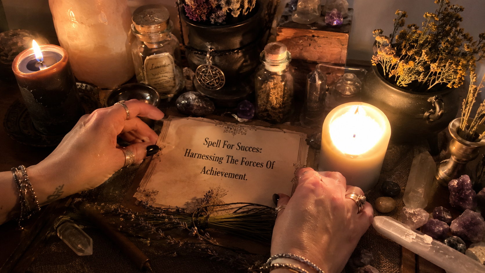 A glowing spellbook with candles and crystals symbolizing a spell for success and the forces of achievement