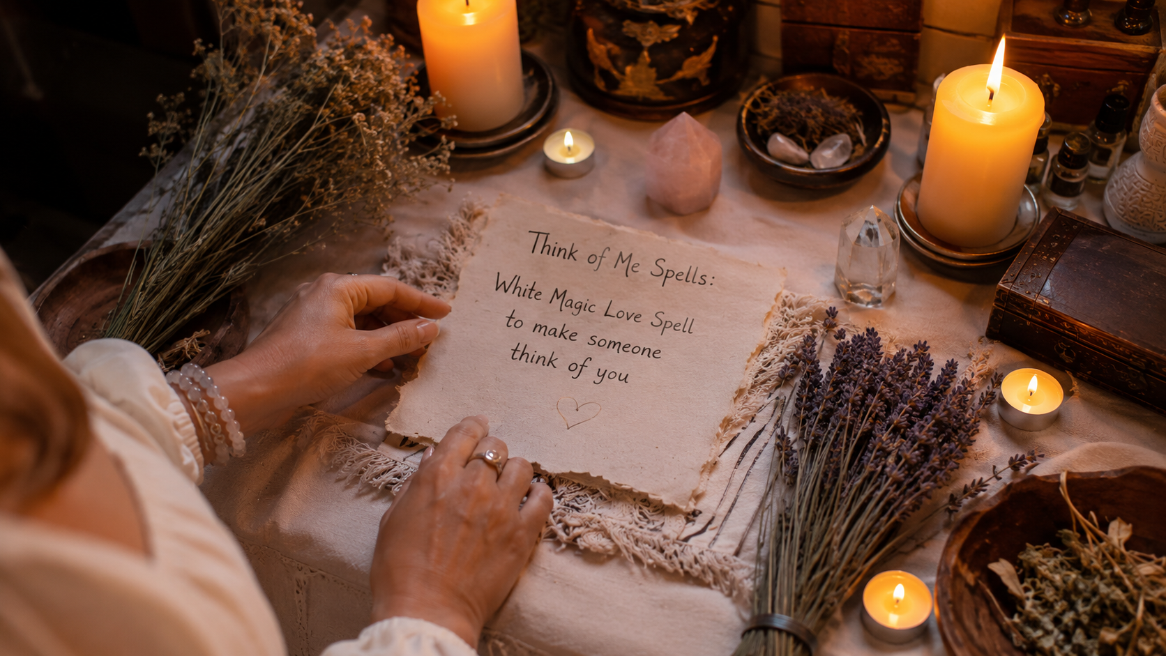 Think of Me Spells candle ritual with crystals and roses for a white magic love spell to make someone think of you