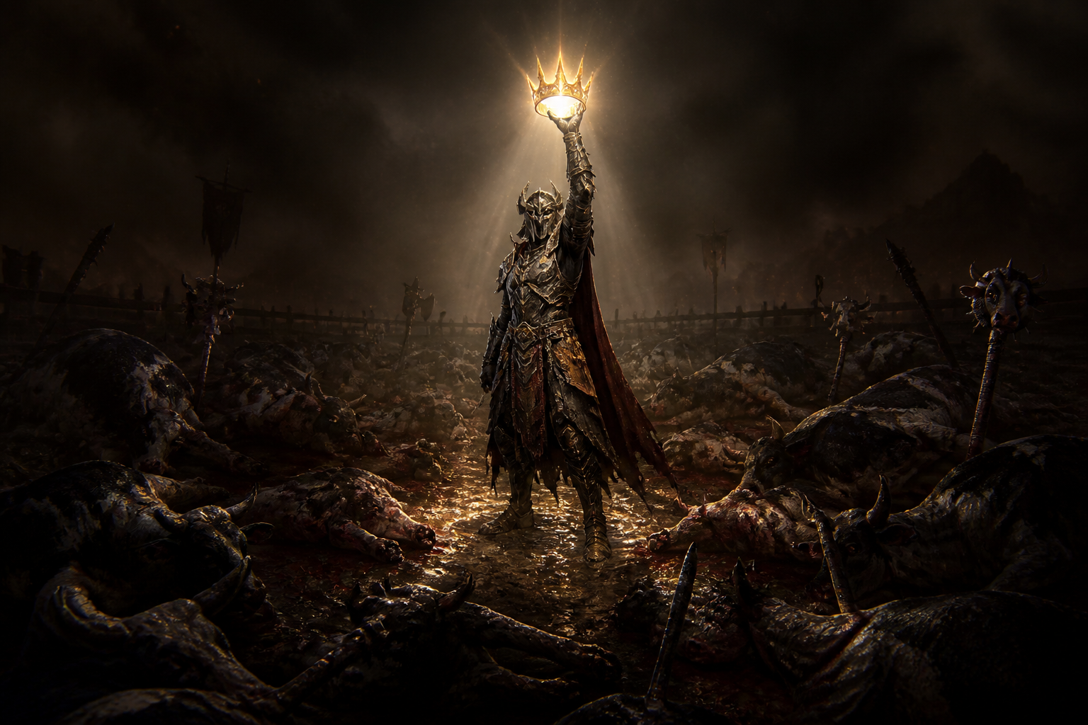 Diablo 4 character victorious after the secret Cow Level with the crown in hand