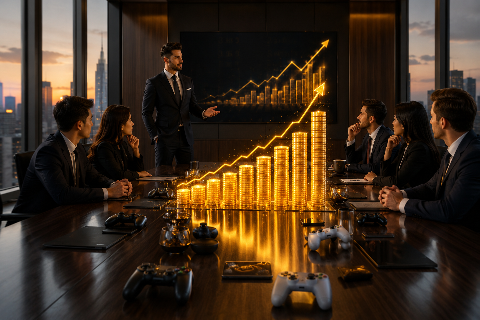 Meeting table with golden stock charts and game controllers
