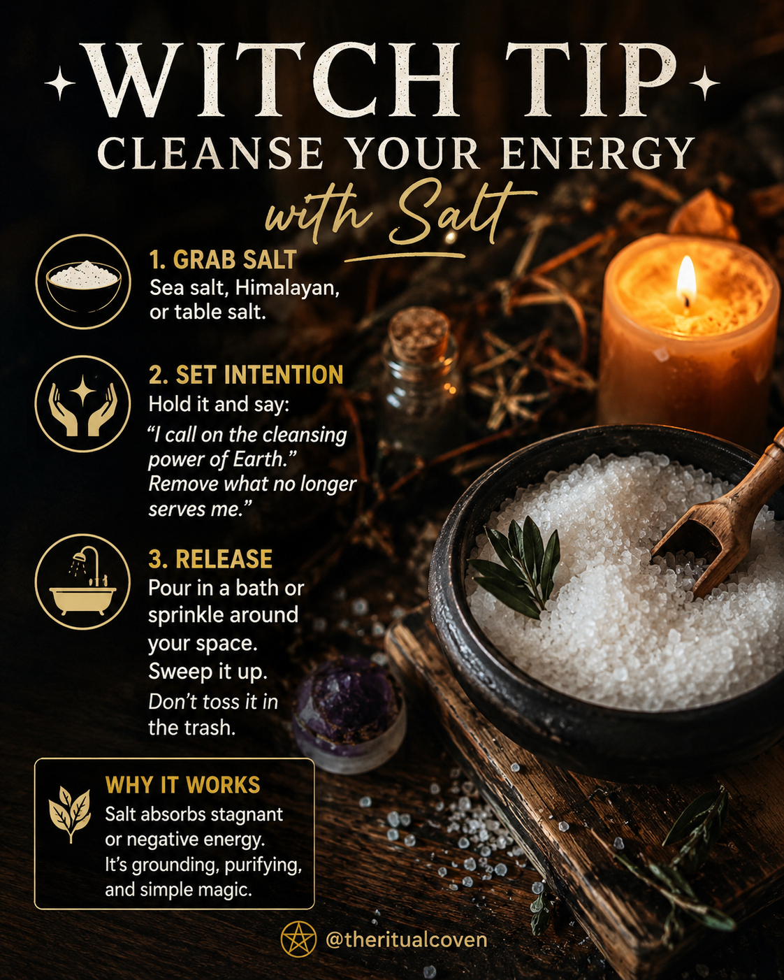Salt arranged for a simple spiritual energy cleansing ritual