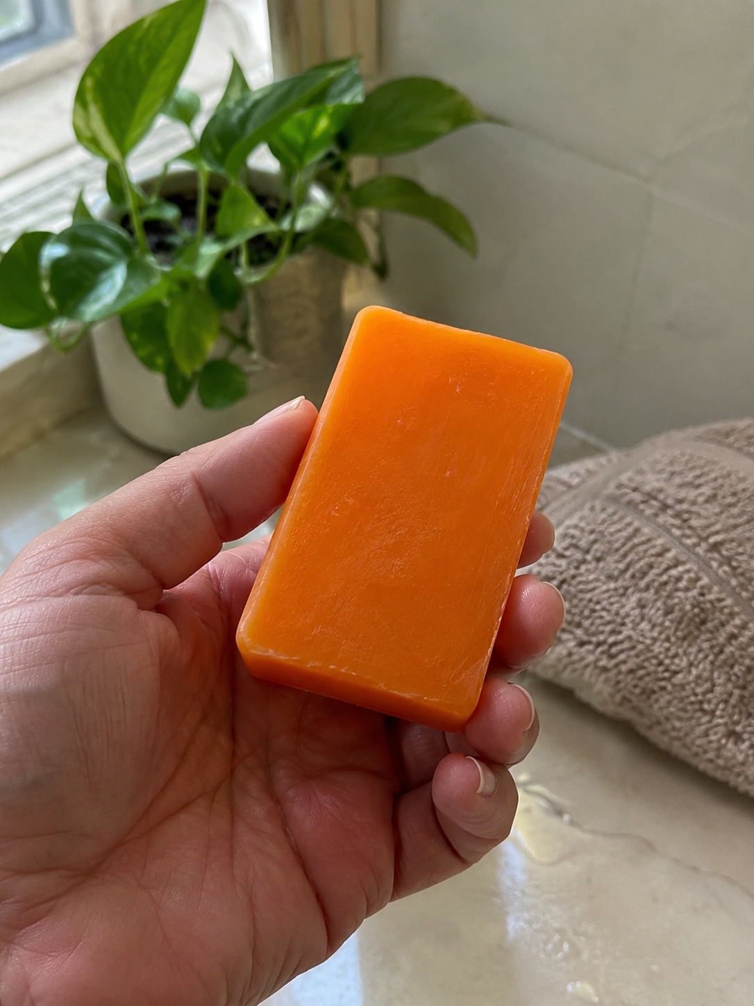Hand holding VitaliQ persimmon soap bar