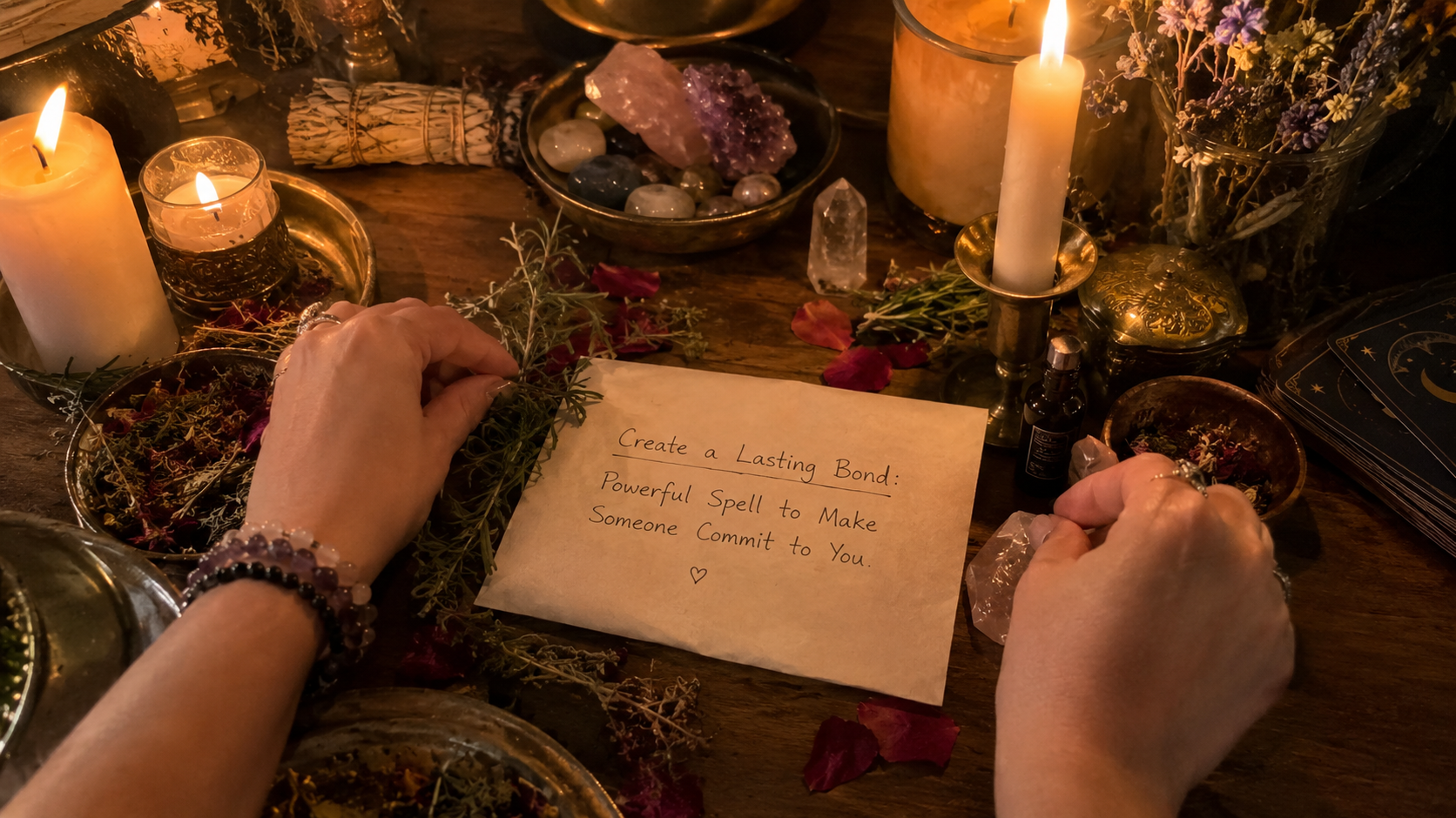 Candles and ritual items arranged for a commitment spell to strengthen love and create a lasting bond between partners