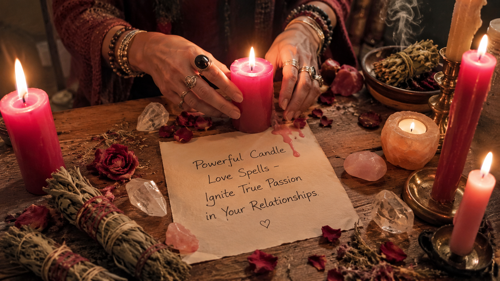 Candle love spell setup with glowing red candles and romantic roses to ignite true passion in relationships