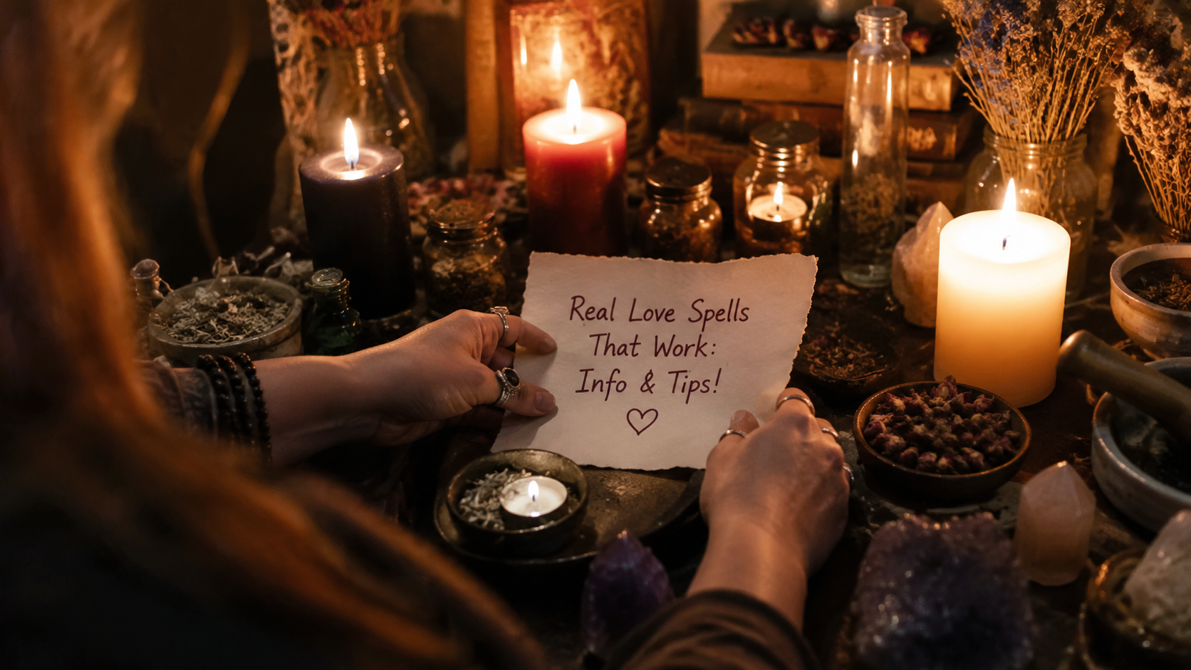 Couple holding hands with candles and roses, symbolizing real love spells that work and romantic energy guidance