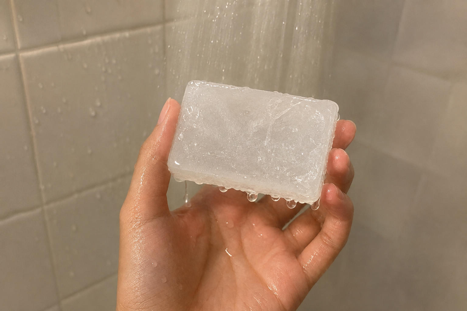 Hand holding the Lyscia Mineral under a shower stream