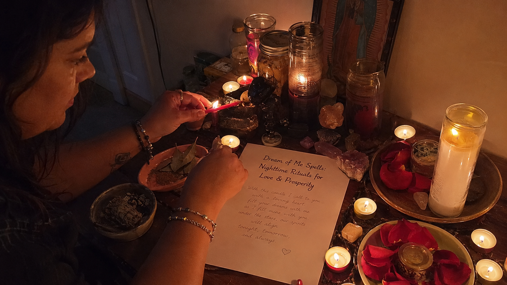 Dream of Me spells ritual with candles, crystals, and moonlight for love and prosperity at night