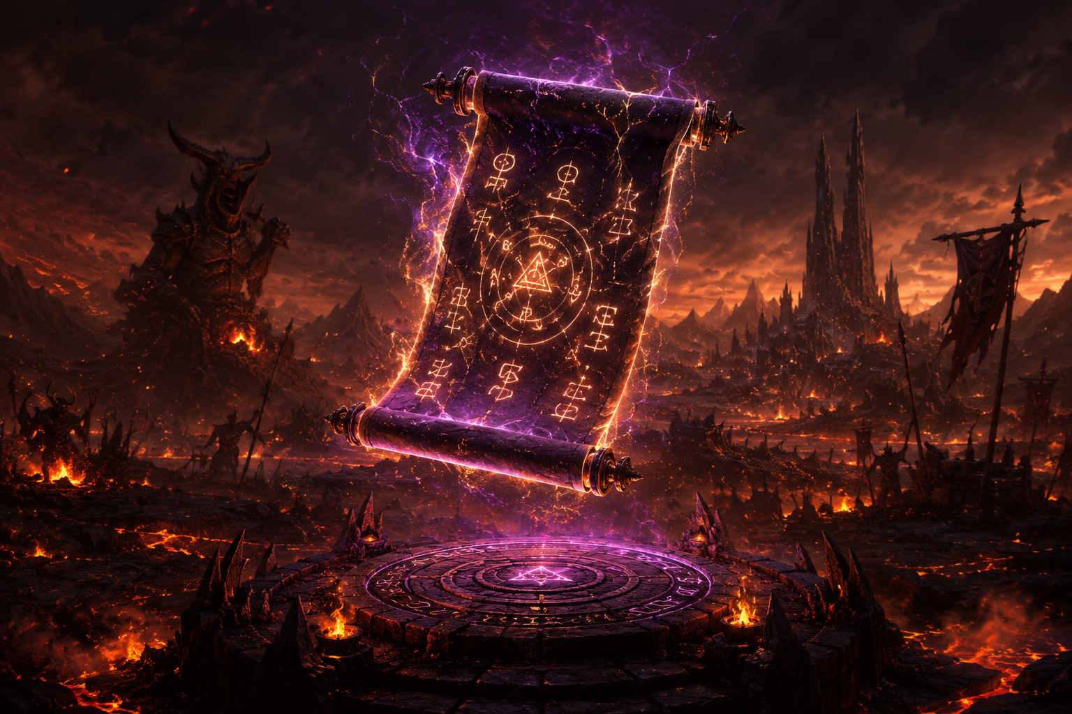 Parchemin runique flottant au-dessus d'un champ de bataille infernal, symbole des notes de patch officielles