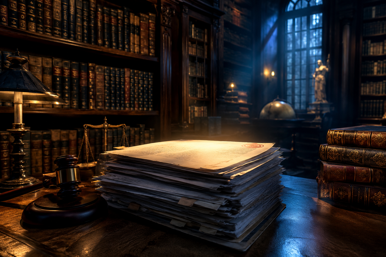 Old law library with stacks of court documents