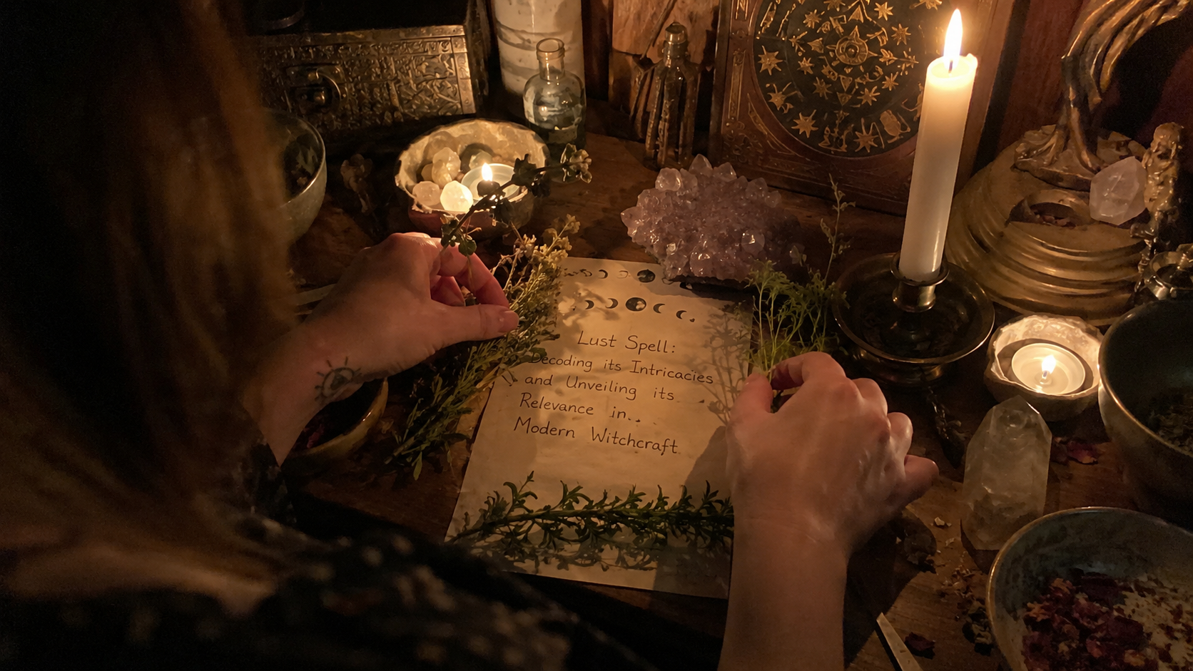 Mystical altar with candles, crystals, and spellbook illustrating a lust spell in modern witchcraft practices