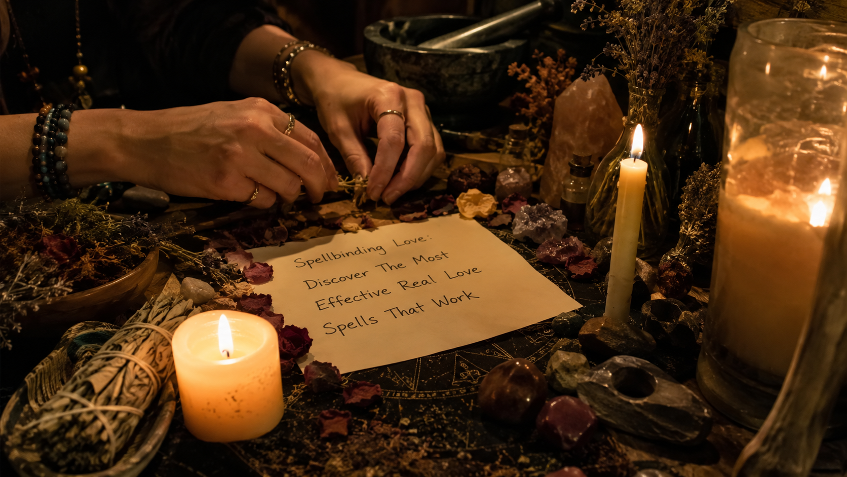 Candlelit altar with rose petals, crystals, and a spellbook for effective real love spells that work