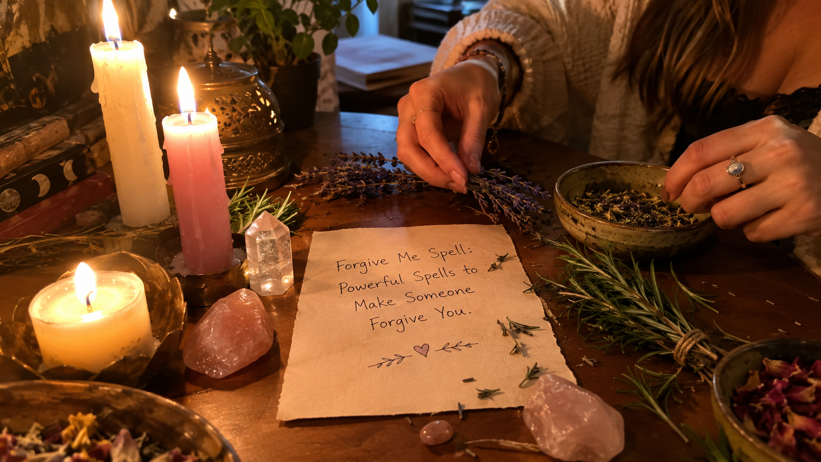 Forgive me spell ingredients on a candlelit altar with herbs, crystals, and parchment for reconciliation and forgiveness magic