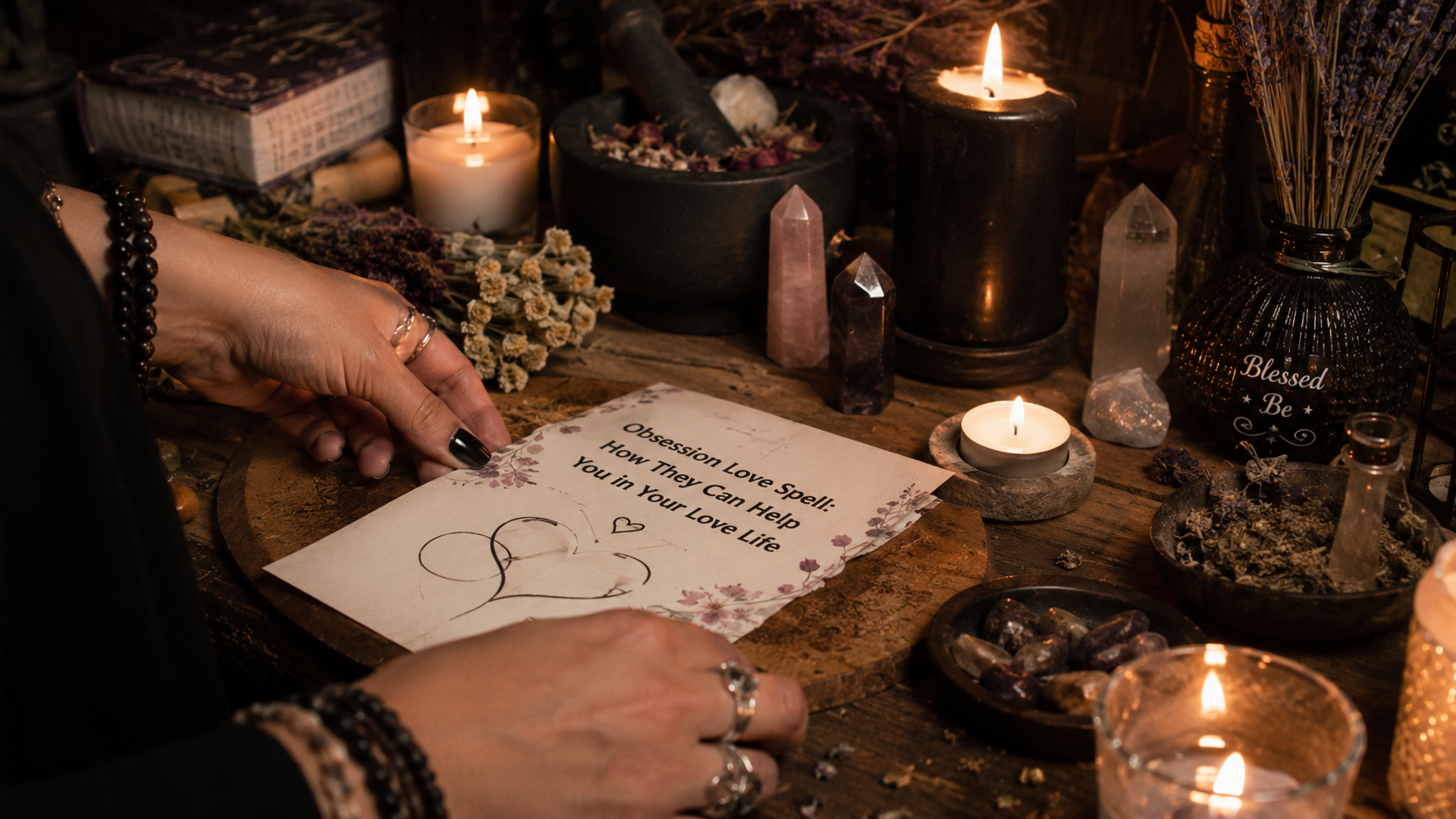 A glowing candle ritual with crystal accents symbolizing an obsession love spell to attract romance and deepen emotional connections