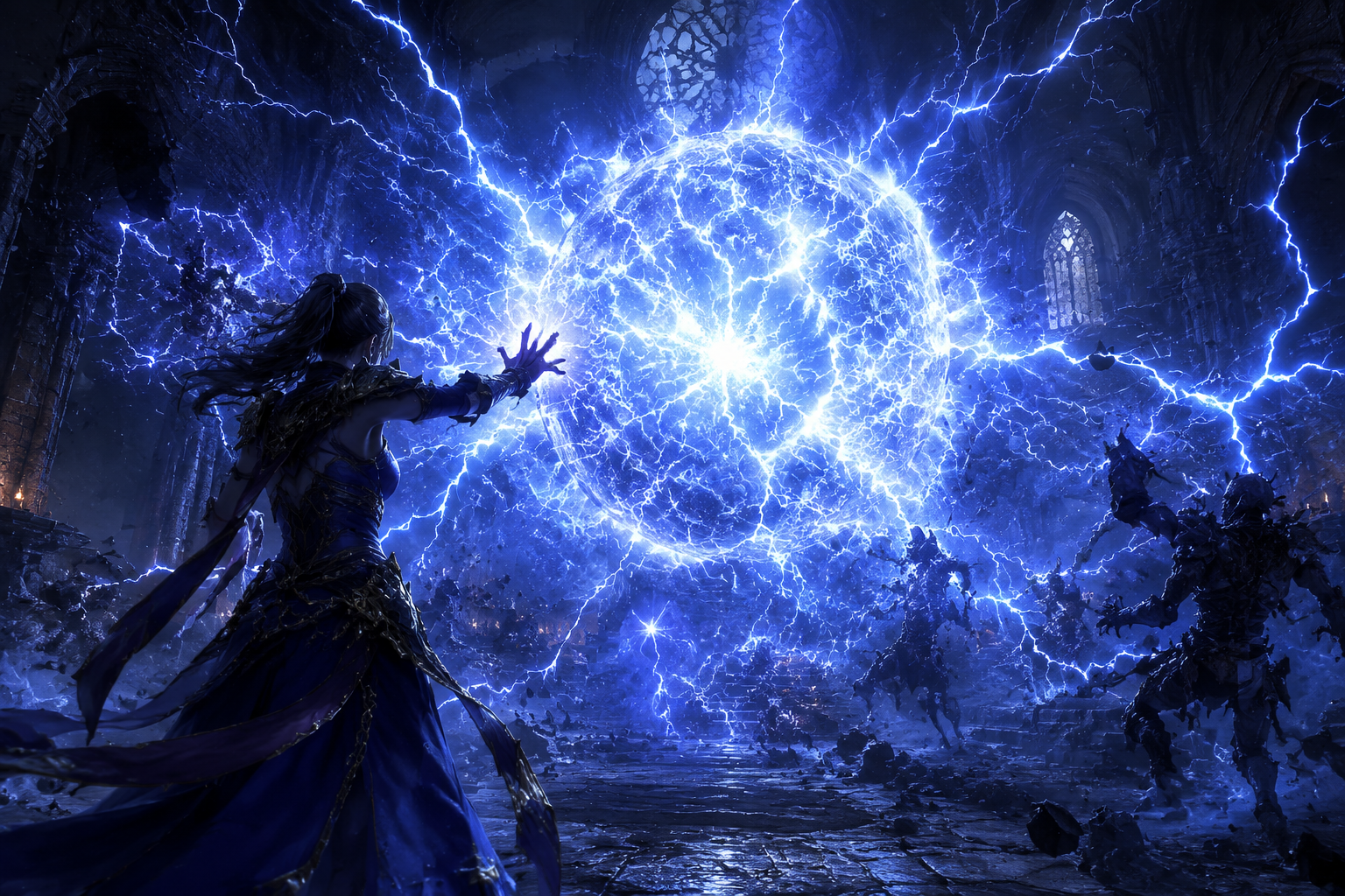 Sorcière Diablo 4 lançant une sphère foudroyante massive en explosion électrique