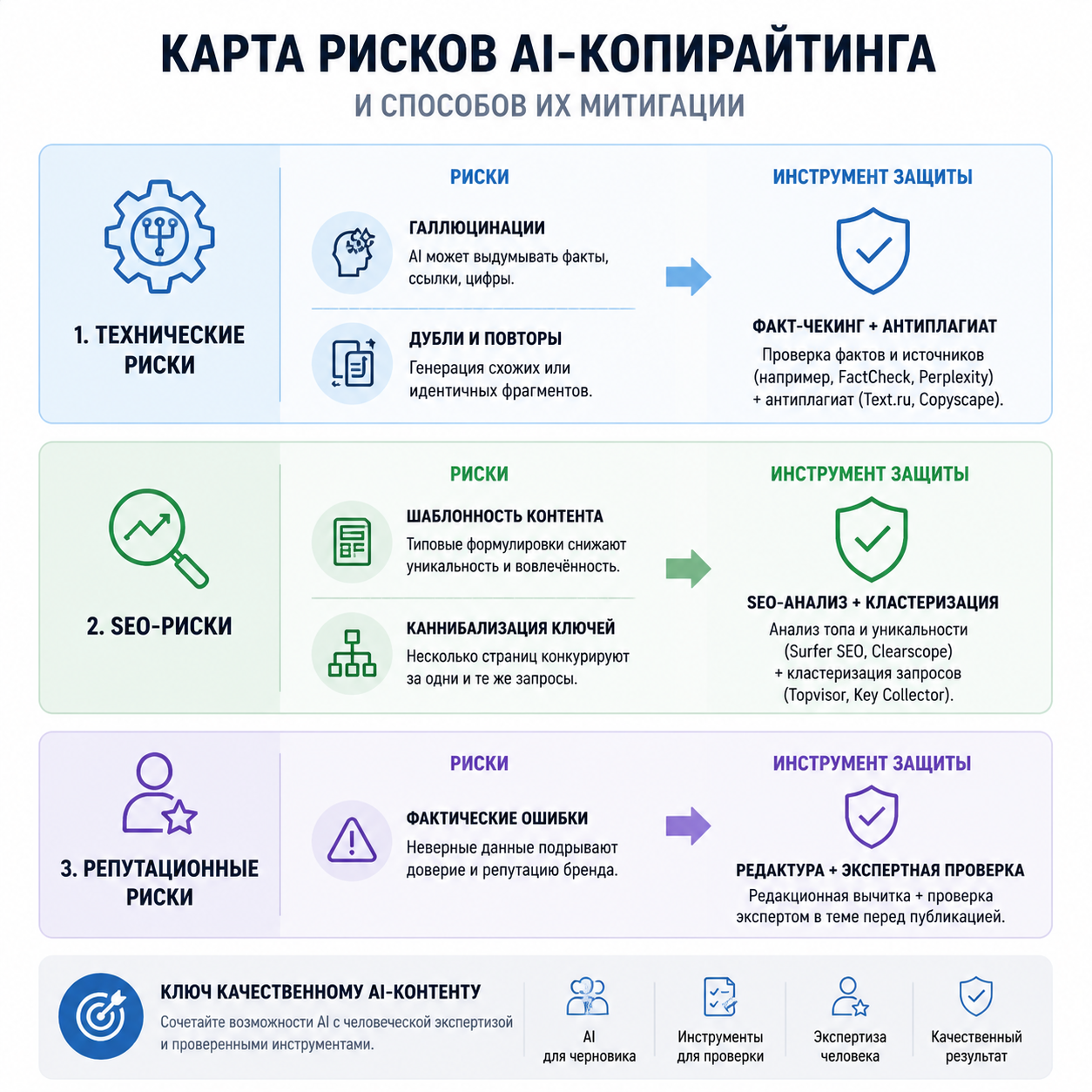 Карта рисков AI-копирайтинга и способов их митигации — три зоны: технические риски (галлюцинации, дубли), SEO-риски (шаблонность, каннибализация), репутационные риски (фактические ошибки). Для каждого — конкретный инструмент защиты