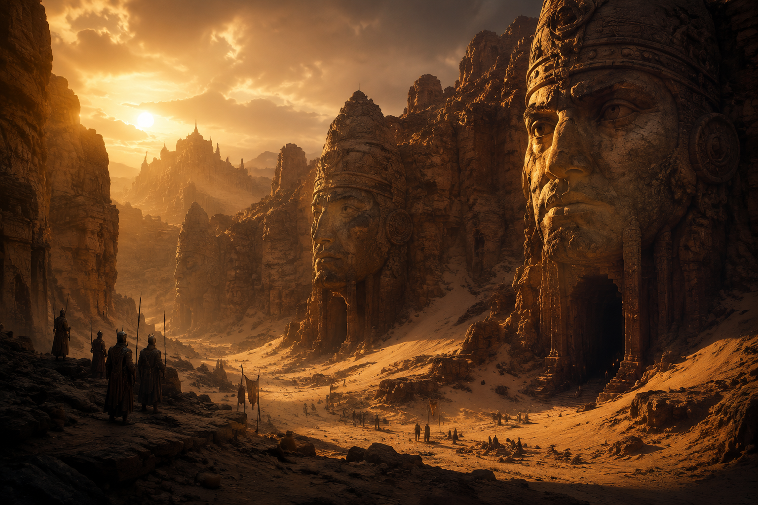 Titan Valley: colossal stone heads guarding the entrance to canyons