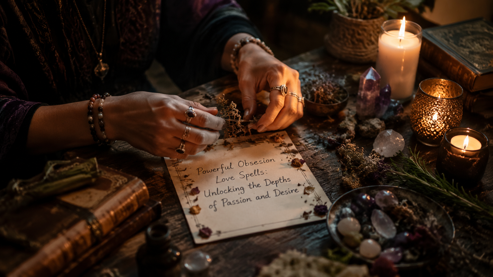 Mystical candlelight and hands holding a spellbook, symbolizing powerful obsession love spells, passion, and deep desire